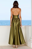 Satin olive Col V profond Une robe formelle ligne avec fente