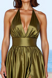 Satin olive Col V profond Une robe formelle ligne avec fente