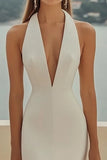 Fourreau en satin ivoire Robe longue formelle à col en V profond avec fente