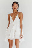 Robe courte de graduation en mousseline de soie blanche à volants