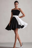 Robe courte de graduation en satin noir et blanc à une épaule