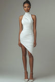 Robe de graduation asymétrique simple en satin blanc à col haut