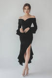 Robe formelle à manches longues en mousseline de soie noire avec volants