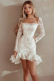 Manches longues Moulante à volants Dentelle Petite Robe Blanche