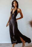 Satin A Line Halter Robe cravate noire avec fente