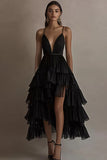Robe cravate noire à volants à col en V A Line