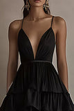 Robe cravate noire à volants à col en V A Line