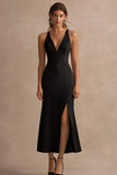 Robe longue formelle en satin noir à col en V avec fente