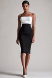 Robe de cocktail mi-longue moulante en satin noir et blanc