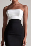 Robe de cocktail mi-longue moulante en satin noir et blanc