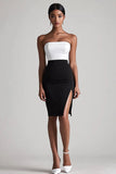 Robe mi-longue moulante en satin noir et blanc avec fente