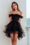 Organza noir à épaules dénudées Robe courte à volants
