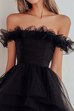 Organza noir à épaules dénudées Robe courte à volants