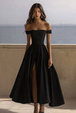 Satin noir à épaules dénudées Une robe longue formelle ligne avec fente