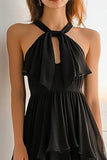 Robe de graduation en mousseline de soie noire dos nu une ligne avec trou de serrure