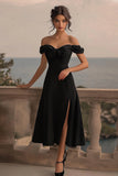 Satin noir Robe formelle à une ligne avec fente