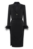 Noir 2 Pièce Cranté Revers Femmes Costumes de Bal avec Plume