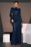 Robe d’invité de mariée fourreau bleu marine scintillant avec banderole