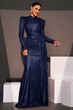 Robe d’invité de mariée fourreau bleu marine scintillant avec banderole