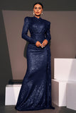 Robe d’invité de mariée fourreau bleu marine scintillant avec banderole