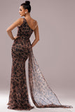 Robe d’invité de mariage à une épaule imprimée léopard marron avec banderole