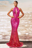 Robe d’invitée de mariée découpée sirène fuchsia scintillante