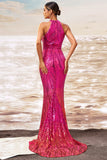 Robe d’invitée de mariée découpée sirène fuchsia scintillante