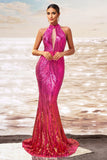 Robe d’invitée de mariée découpée sirène fuchsia scintillante
