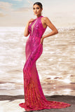 Robe d’invitée de mariée découpée sirène fuchsia scintillante
