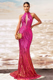 Robe d’invitée de mariée découpée sirène fuchsia scintillante