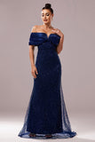 Robe de bal sirène marine à épaules dénudées scintillante