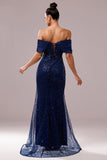 Robe de bal sirène marine à épaules dénudées scintillante