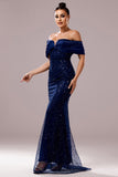Robe de bal sirène marine à épaules dénudées scintillante