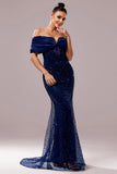 Robe de bal sirène marine à épaules dénudées scintillante