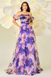 Robe de bal Floral Violet A Ligne avec Manches Détachables