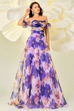 Robe de bal Floral Violet A Ligne avec Manches Détachables
