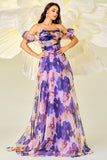 Robe de bal Floral Violet A Ligne avec Manches Détachables