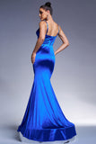 Robe de bal en satin sirène bleu royal avec banderole