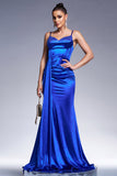 Robe de bal en satin sirène bleu royal avec banderole