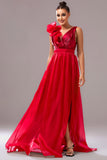 Robe de bal trapèze rouge à col en V avec fleur 3D