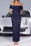 Robe de soirée sirène marine scintillante à épaules dénudées