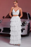 Robe de soirée 2 pièces à plusieurs niveaux blanche scintillante