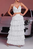 Robe de soirée 2 pièces à plusieurs niveaux blanche scintillante