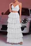 Robe de soirée 2 pièces à plusieurs niveaux blanche scintillante