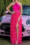 Halter Fuchsia Robe de soirée à plusieurs niveaux