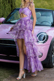 Violet Floral Une ligne découpée High-Low Robe de bal