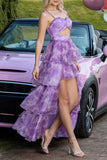 Violet Floral Une ligne découpée High-Low Robe de bal