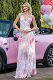 Robe de soirée en ligne imprimée rose à col en V