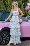 Robe de soirée à plusieurs niveaux à fleurs bleues