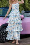 Robe de soirée à plusieurs niveaux à fleurs bleues